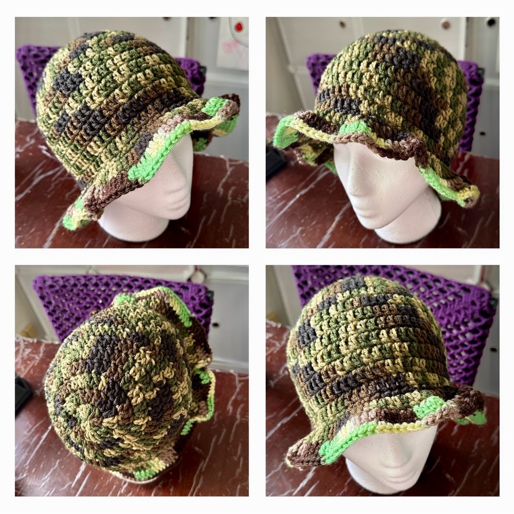 Crochet Bucket Hat in Green and Brown NWOT
